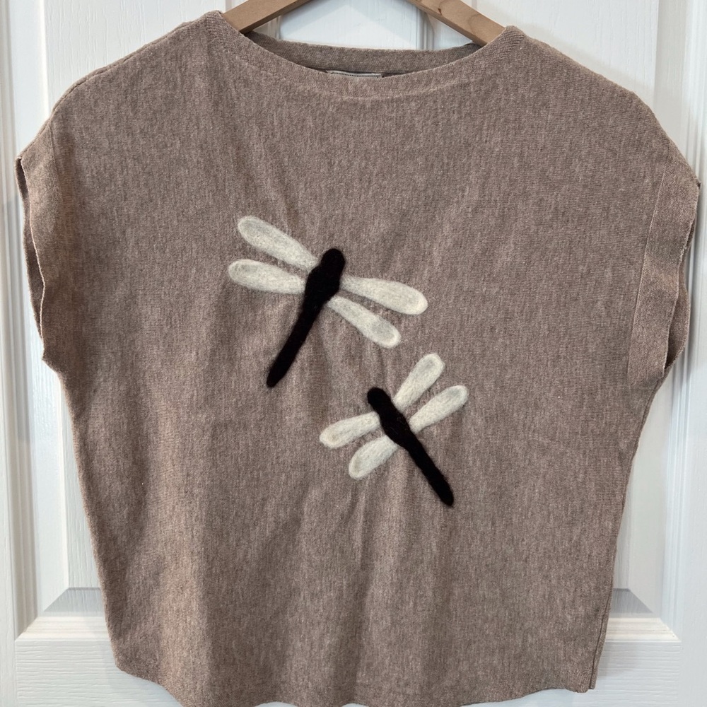 Sioni Taupe Knit Top with Dragonfly Appliqués